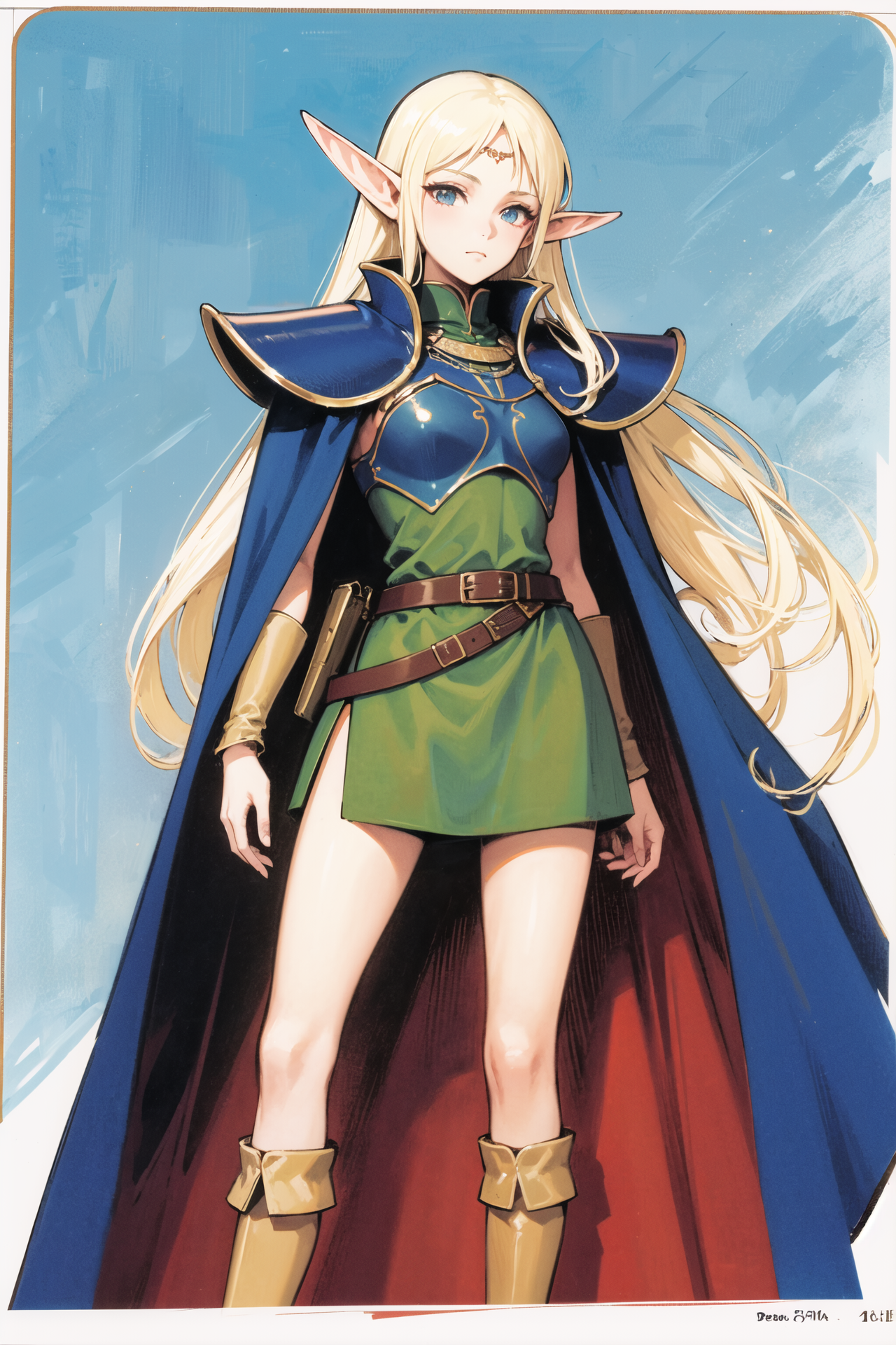 16465-691980689-Deedlit,1girl,solo,pointy ears, long hair, cape, armor, blonde hair,elf, traditional media,standing, simple background, _lora_De.png